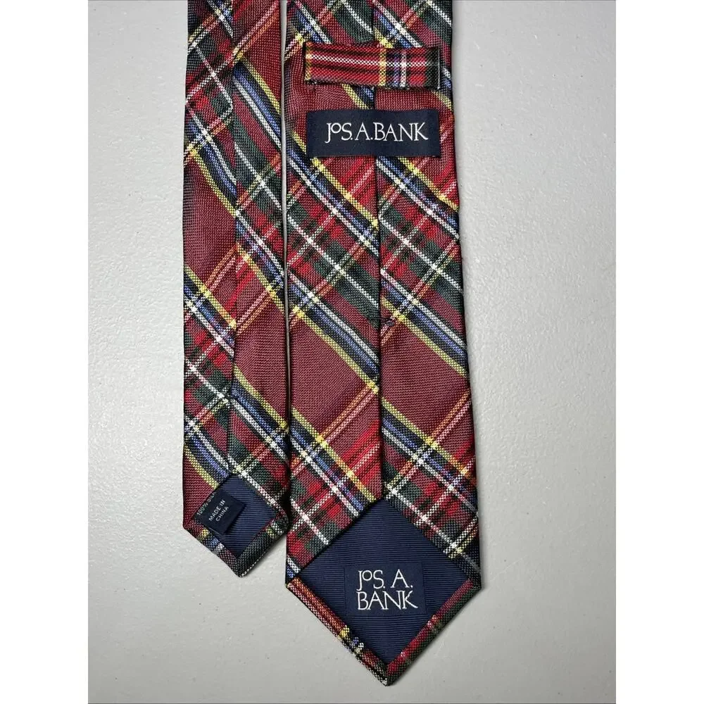JoS A Bank Silk Tie Red Tartan Plaid Mens Necktie 2 7/8